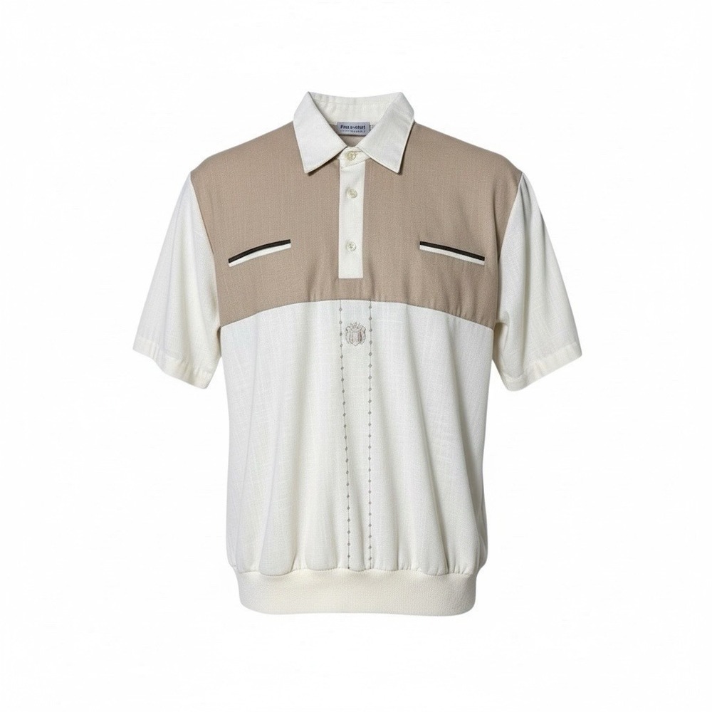 Alan Stuart Knit Polo Shirt Mens M USA Made Tan Retro Bowling Rockabilly VTG